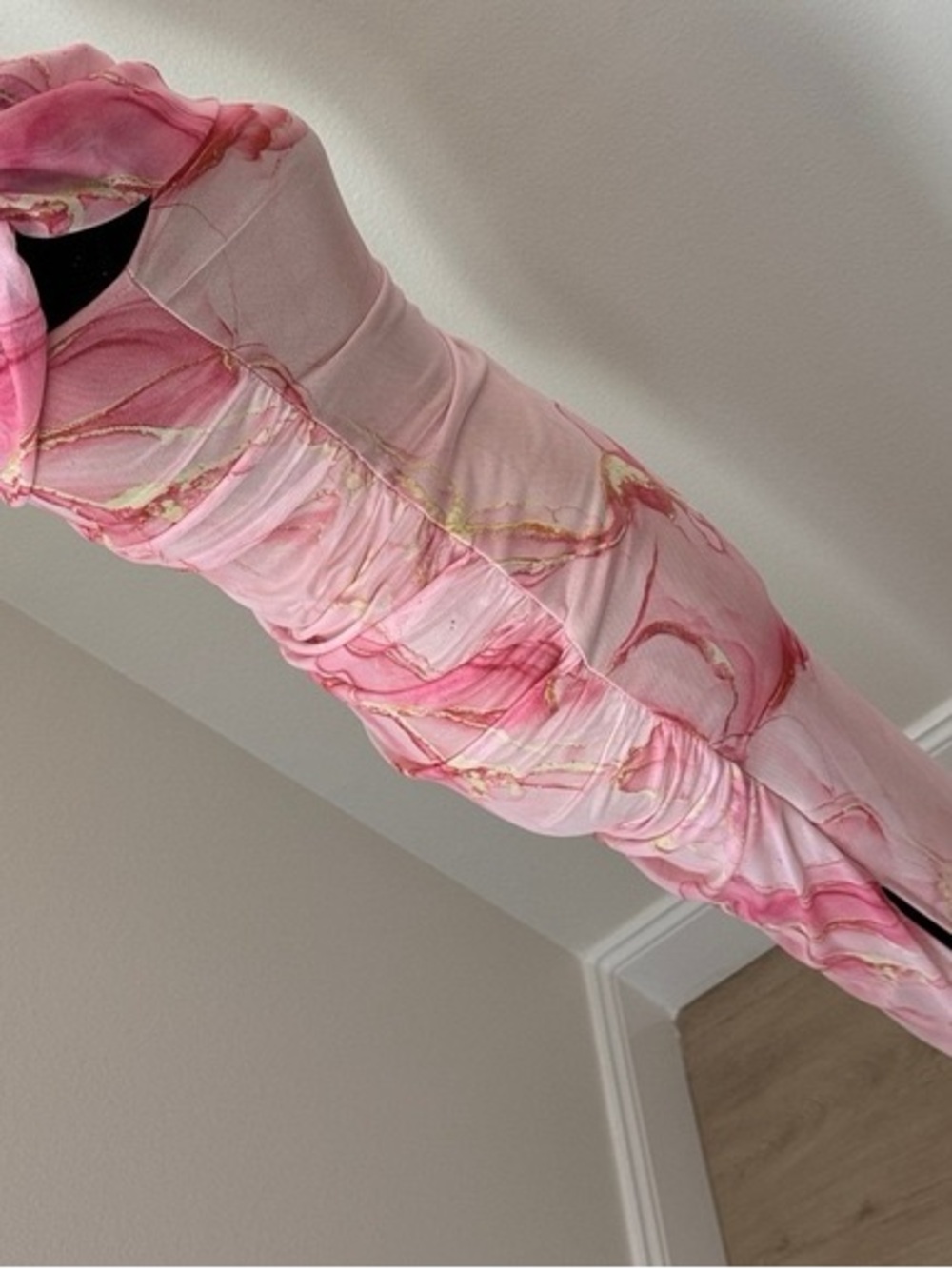 Pink Marble Print Ruched Maxi Dress